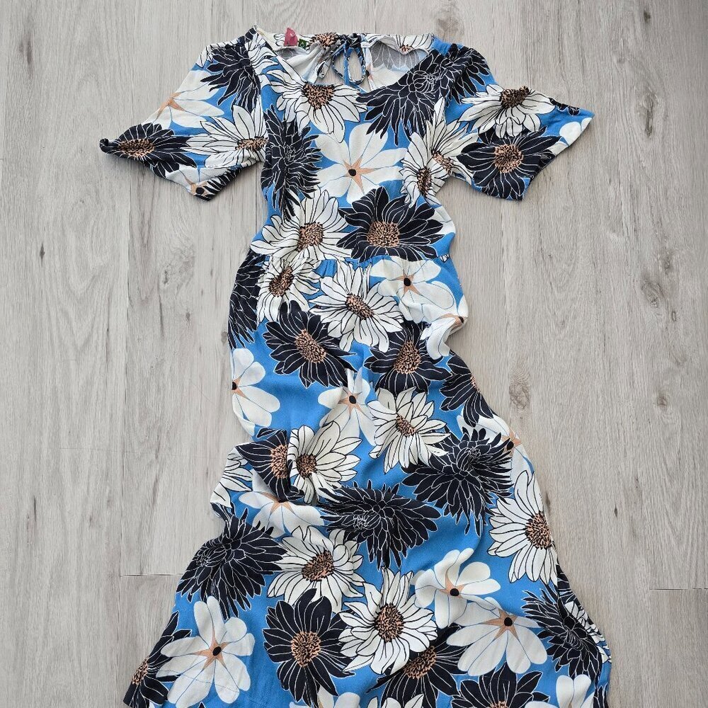 FARM Rio | blue floral print boho ruffled flowy maxi dress | WMS S (petite)